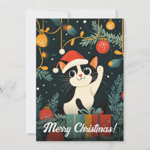 Cartes Pour Fêtes Annuelles Noir Blanc Chat Arbre de Noël Ornements Santa Chap
