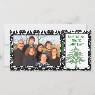 Cartes Pour Fêtes Annuelles Noir & blanc Damas vert Arbre Joyeux Noël