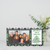 Cartes Pour Fêtes Annuelles Noir & blanc Damas vert Arbre Joyeux Noël (Debout devant)