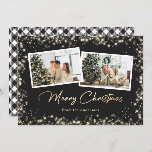 Cartes Pour Fêtes Annuelles Noir et blanc Buffalo Plaid Gold Photo Noël (Devant / Derrière)