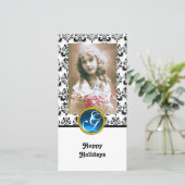 Cartes Pour Fêtes Annuelles NOIR ET BLANC DAMASK Sapphire Bleu Monogramme (Debout devant)