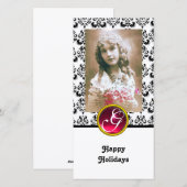 Cartes Pour Fêtes Annuelles NOIR ET BLANC DOMMASQUE Rouge Rubis Monogramme (Devant / Derrière)