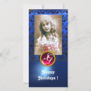 Cartes Pour Fêtes Annuelles NOIR ET BLEU DAMASK Rouleau rouge Monogramme