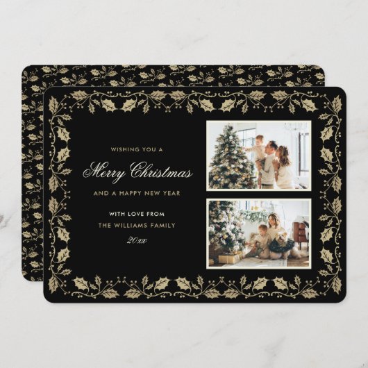 Cartes Pour Fêtes Annuelles Noir et or Holly Photo Noël (Devant / Derrière)