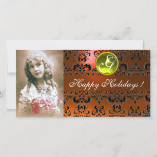 Cartes Pour Fêtes Annuelles NOIR ET ORANGE DAMASK Yellow Topaz Monogramme
