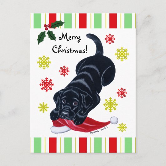 Cartes Pour Fêtes Annuelles Noir Labrador Chiot et Santa Hat Noël (Devant)