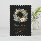 Cartes Pour Fêtes Annuelles Noir moderne Script Wreath Verdure Noël (Debout devant)