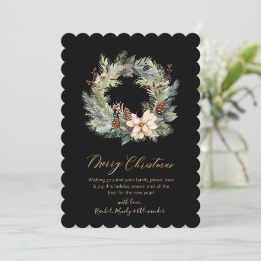 Cartes Pour Fêtes Annuelles Noir moderne Script Wreath Verdure Noël (Debout devant)