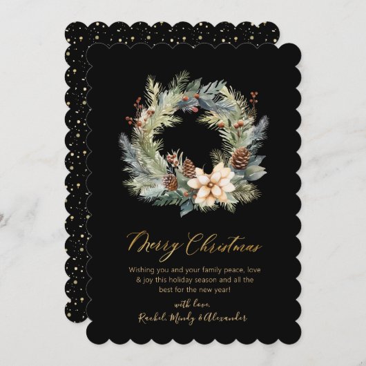 Cartes Pour Fêtes Annuelles Noir moderne Script Wreath Verdure Noël (Devant / Derrière)
