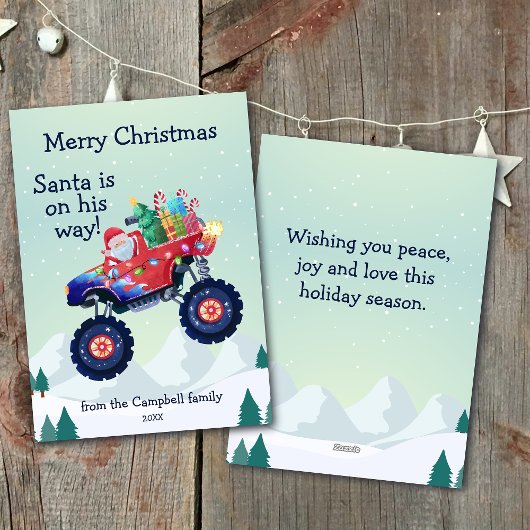 Cartes Pour Fêtes Annuelles Nom de famille du Père Noël en Monster Truck