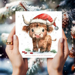 Cartes Pour Fêtes Annuelles Nom de la vache belle Highland Joyeux Noël<br><div class="desc">Nom de la vache belle Highland Joyeux Noël. Disponible numériquement et imprimé. La gentillesse festive pour vos souhaits de vacances avec cette douce vache des hautes terres dans son chapeau de Santa et personnalisez votre salutation sous. Joyeux Noël est à l'arrière dans un élégant script fixe en rouge et le...</div>