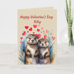 Cartes Pour Fêtes Annuelles Nom personnalisé Love Cute Otters Coeurs animaux