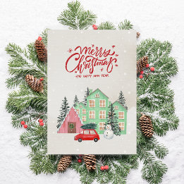 Cartes Pour Fêtes Annuelles Nordic Snowy House et Red Car Noël
