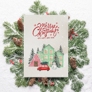 Cartes Pour Fêtes Annuelles Nordic Snowy House et Red Car Noël