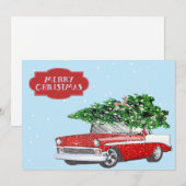 Cartes Pour Fêtes Annuelles Nostalgale Red Car & Cut Tree (Devant / Derrière)