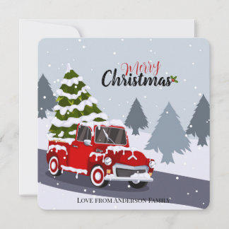 Cartes Pour Fêtes Annuelles Nostalgic Red Pickup Truck Christmas Tree Snowy