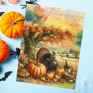 Cartes Pour Fêtes Annuelles Nostalgique Thanksgiving Day Citrouille et clés