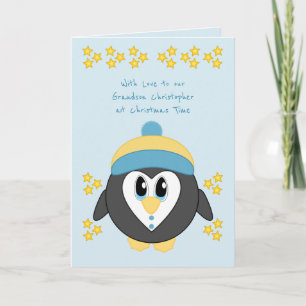 Cartes Pour Fêtes Annuelles Notre petit-fils à Noël, mignon bleu pingouin
