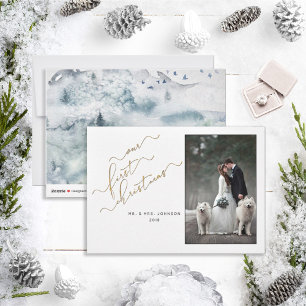 Cartes Pour Fêtes Annuelles NOTRE PREMIER CHRISTMAS Gold Script Photo Mr. & Mm