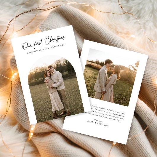 Cartes Pour Fêtes Annuelles Notre premier Noël Arc Moderne Photo Nouveaux mari