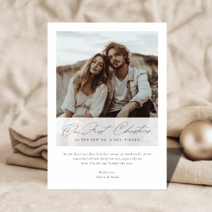 Cartes Pour Fêtes Annuelles Notre Premier Noël Élégant Script Photo Romantique