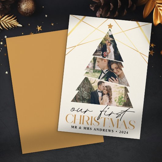 Cartes Pour Fêtes Annuelles Notre premier Noël en tant que M. & Mme Gold Tree