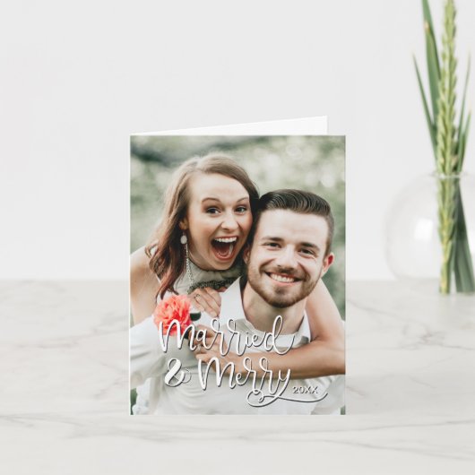 Cartes Pour Fêtes Annuelles Notre première photo de Noël Mariée et Joyeuse Mar (Devant)