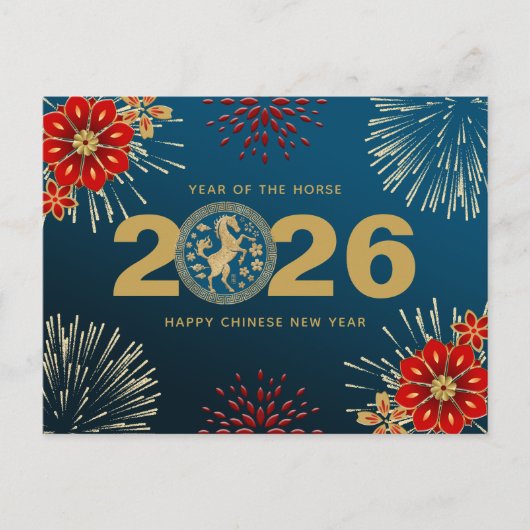 Cartes Pour Fêtes Annuelles Nouvelle année chinoise du Cheval en Or Bleu (Devant)