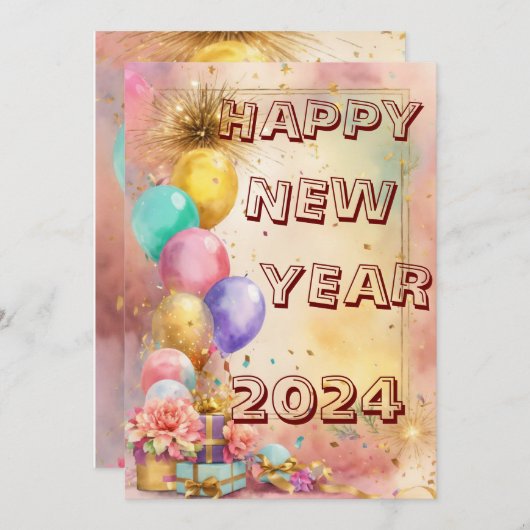 Cartes Pour Fêtes Annuelles Nouvelle Année Magique avec Ballons et Pétards car (Devant / Derrière)