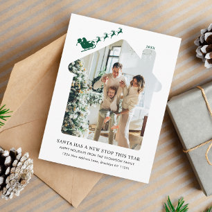 Cartes Pour Fêtes Annuelles Nouvelle maison photo vert Père Noël traîneau mobi