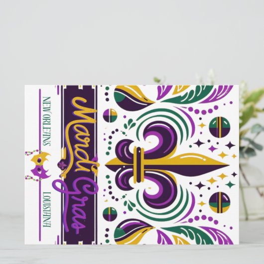 Cartes Pour Fêtes Annuelles Nouvelle-Orléans Mardi Gras jaune violet vert (Debout devant)