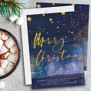 Cartes Pour Fêtes Annuelles Nuit hivernale étoilée Joyeux Noël Bleu Or Holi