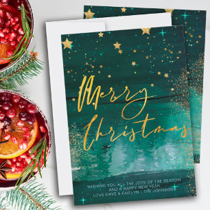 Cartes Pour Fêtes Annuelles Nuit hivernale étoilée Joyeux Noël Vert Or