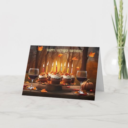 Cartes Pour Fêtes Annuelles October Birthday With Cupcakes Falling Leaves (Devant)