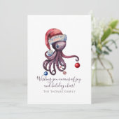 Cartes Pour Fêtes Annuelles Octopus de Noël en Santa Hat Unique Mer Nautique (Debout devant)