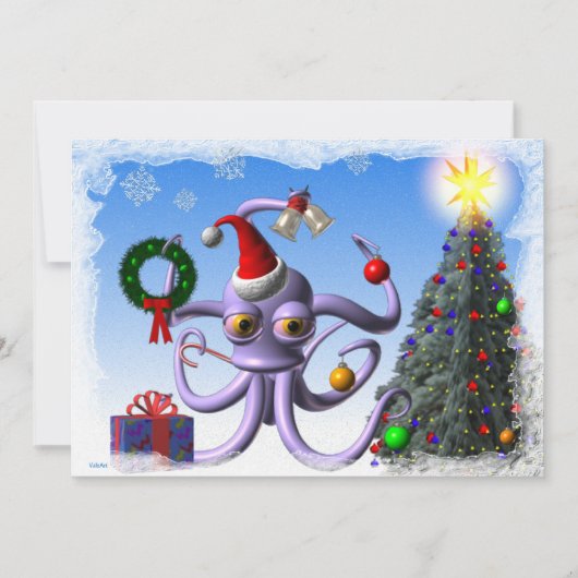Cartes Pour Fêtes Annuelles Octopus père Noël et arbre avec lumières (Devant)
