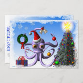 Cartes Pour Fêtes Annuelles Octopus père Noël et arbre avec lumières (Devant / Derrière)