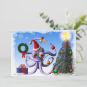 Cartes Pour Fêtes Annuelles Octopus père Noël et arbre avec lumières (Debout devant)