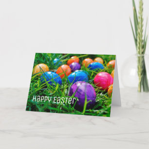 Cartes Pour Fêtes Annuelles Oeufs de Pâques colorés sur l'herbe Photo, Joyeux