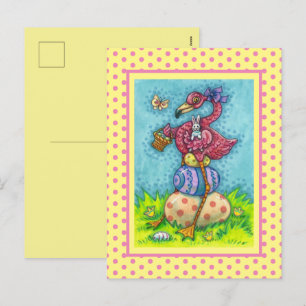 CARTES POUR FÊTES ANNUELLES OEUFS DE PÂQUES ET FLAMANT ROSE ROSE BÉBÉ AVEC BUN