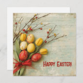 Cartes Pour Fêtes Annuelles Œufs de Pâques rouges et jaunes à l'aquarelle vint (Devant / Derrière)