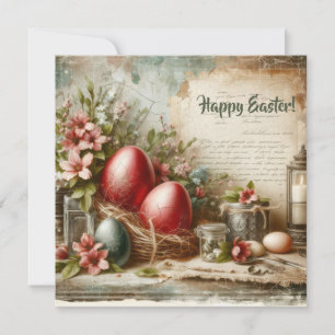 Cartes Pour Fêtes Annuelles Œufs de Pâques rouges rétro vintage fleurs printan