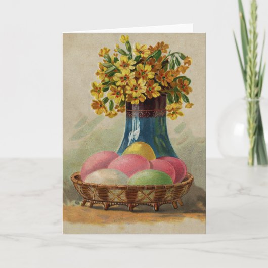Cartes Pour Fêtes Annuelles Oeufs Pâques Panier Fleurs Antique (Devant)