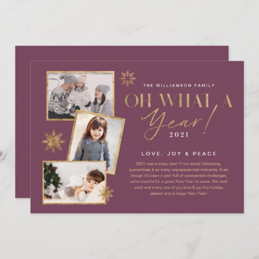 Cartes Pour Fêtes Annuelles Oh quelle année ! Année d'évaluation Gold & Plum 3 (Devant / Derrière)