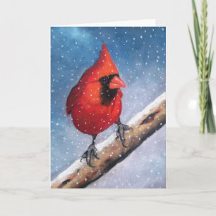 CARTES POUR FÊTES ANNUELLES OISEAU : CARDINAL : NEIGE : HUILE PASTEL ART