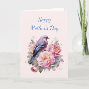 Cartes Pour Fêtes Annuelles Oiseau chanteur perché sur des pivoines roses Fête