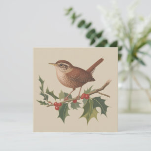 Cartes Pour Fêtes Annuelles Oiseau de fête Troglodyte sur branche de houx Noël