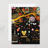 Cartes Pour Fêtes Annuelles Oiseau d'or de printemps en fleurs dans l'amour (Devant / Derrière)