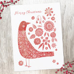 Cartes Pour Fêtes Annuelles Oiseau scandinave<br><div class="desc">Carte de Noël festive rouge et blanche dans le style d'art populaire scandinave. Modifiez ou supprimez le message d'accueil sur le devant et votre adresse sur le dos pour personnaliser. Art original de Nic Squirrell.</div>