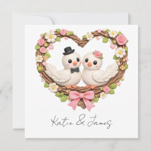 Cartes Pour Fêtes Annuelles Oiseaux d'amour mignons dans une couronne florale
